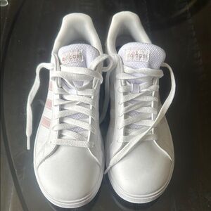 adidas Kids Sneakers White and Irridescent Pink Stripes